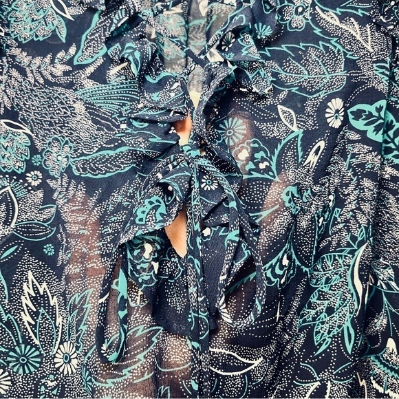 Anthropologie Sheer Floral Long Balloon Sleeve Lace Up Blue Peasant Blouse Top - Picture 4 of 11